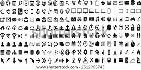 Comprehensive Icon Set | 100+ Black and White Symbols for Communication, Technology, Business, Web, Social Media, Devices, and Navigation | Vector Icons for UI Design, Infographics, and Presentations