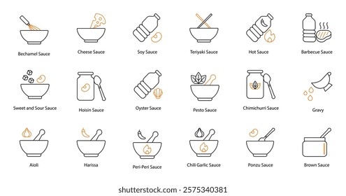 Comprehensive Icon Set: Bechamel, Cheese, Soy, Teriyaki, Hot, Barbecue, Sweet and Sour, Hoisin, Oyster, Pesto, Chimichurri, Gravy, Aioli, Harissa, Peri Peri, Chili Garlic, Ponzu, and Brown Sauces