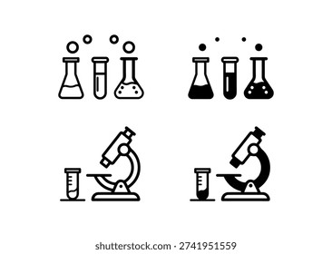A comprehensive icon set depicting essential science laboratory equipment. The design includes bubbling chemistry flasks, beakers, test tubes, and a detailed microscope, presented in both outline and solid fill variations. These versatile icons are ideal for visualizing scientific research, medical biology, chemical experiments, pharmaceutical development, and educational materials. The clean vector graphics ensure seamless integration into school projects, clinic websites, and tech apps.
