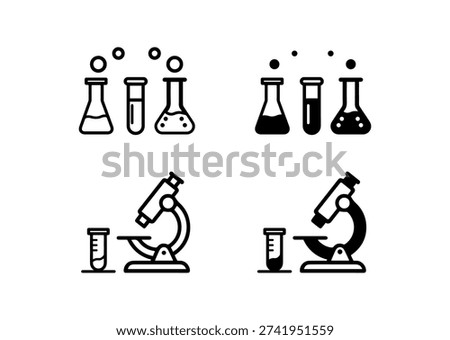 A comprehensive icon set depicting essential science laboratory equipment. The design includes bubbling chemistry flasks, beakers, test tubes, and a detailed microscope, presented in both outline and solid fill variations. These versatile icons are ideal for visualizing scientific research, medical biology, chemical experiments, pharmaceutical development, and educational materials. The clean vector graphics ensure seamless integration into school projects, clinic websites, and tech apps.