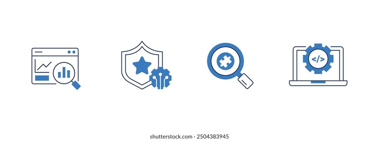 A comprehensive icon set depicting the pillars of data analysis, cybersecurity, software development, and problem-solving, with a focus on precision, protection, and the seamless blend of technology.