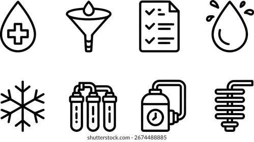 Comprehensive Icon Set Displaying Key Processes Including Filtration, Purification, and Temperature Regulation for Various Scientific and Industrial Applications