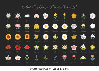 Comprehensive Icon Set Featuring Cultural and Classic Flowers, Including Roses, Lotus, Jasmine, Hibiscus, Sunflower, and More on a Dark Background.
