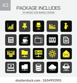 A comprehensive icon set featuring office and business themes. Vector design offers clean lines and scalability. Perfect for enhancing digital interfaces.