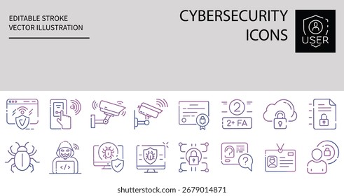 A comprehensive icon set focused on cybersecurity, featuring various symbols and elements related to digital security, data protection, and online safety, isolated on white background.