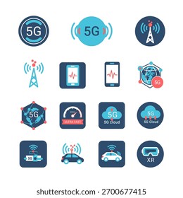 um abrangente conjunto de ícones ilustrando a tecnologia de rede sem fio 5g e seus aplicativos.