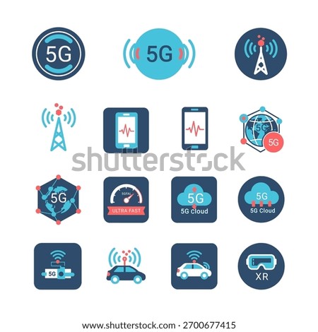 a comprehensive icon set illustrating 5g wireless network technology and its applications.
