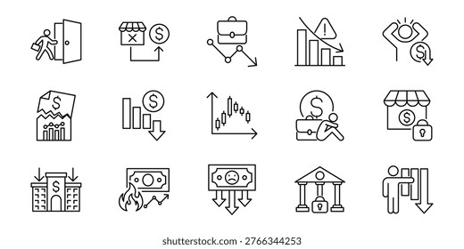 Comprehensive icon set illustrating financial crisis, economic recession, business failure, and bankruptcy challenges with symbols of debt, loss, and market downturns