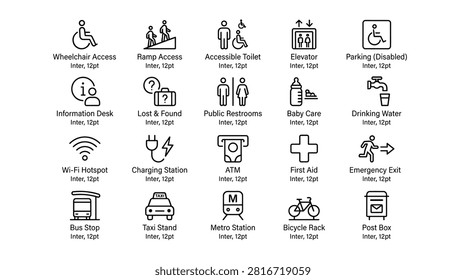 Comprehensive icon set for public facilities and accessibility. Features include wheelchair access, ramp, accessible toilet, elevator, parking, information desk, lost found, restrooms, baby care, drinking water, Wi-Fi, charging, ATM, first aid, and emergency exit.