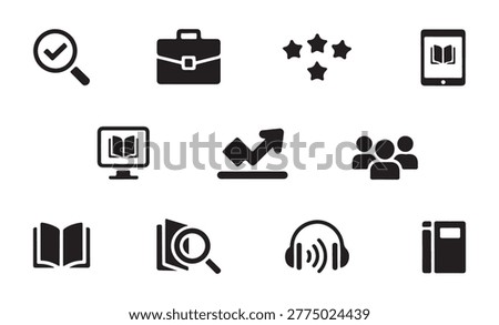 Comprehensive icons for education including open books briefcase magnifying glass stars rating group and headphones.