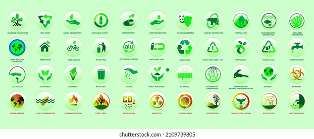 Comprehensive icons set of nature conservation, hazard symbol and environmental issues. Complete collection of global environment signs with neumorphism style effects.
