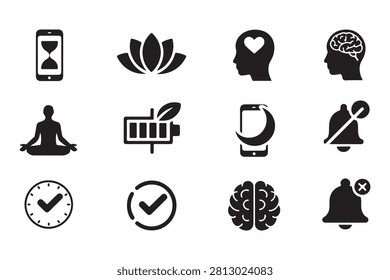 Comprehensive icons for wellness apps showing yoga pose battery recharge brain functions and notification mute.