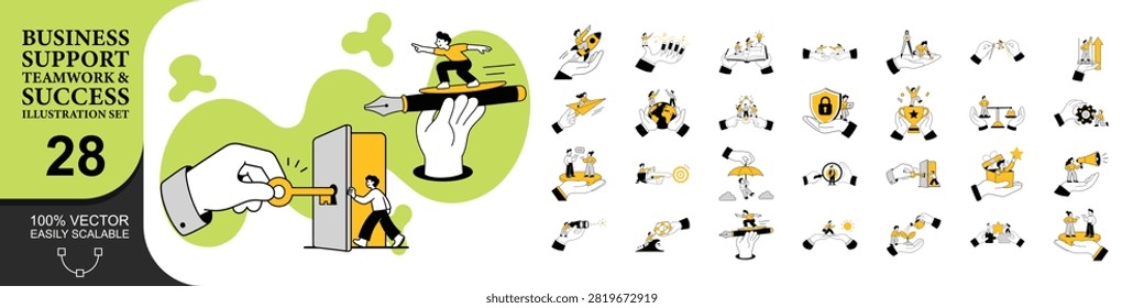 Comprehensive illustration collection featuring twenty eight scenes of business support teamwork and professional success. Dynamic flat design characters showing collaboration leadership goal setting management achievements productivity and office environment concepts. Versatile graphics.
