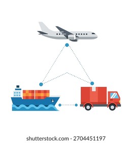 A comprehensive illustration of a global logistics and supply chain network, showcasing air, sea, and land transportation for efficient freight delivery. This vector graphic represents modern shipping