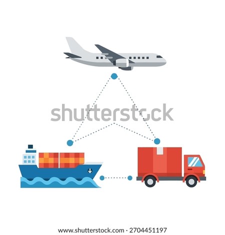 A comprehensive illustration of a global logistics and supply chain network, showcasing air, sea, and land transportation for efficient freight delivery. This vector graphic represents modern shipping