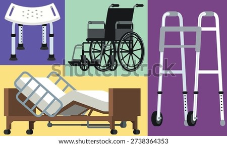 Comprehensive illustration presenting a collection of durable medical equipment and supportive mobility aids created to assist individuals who experience limited movement, physical challenges, or recovery needs. The visual composition includes several commonly recognized healthcare items such as a manual wheelchair, a wheeled walker designed for stability, a practical shower chair intended for safe bathing, and an adjustable hospital bed that supports comfortable positioning during treatment or recovery. Together these supportive tools represent essential resources used in professional healthcare environments as well as personal home care settings.

Each element within the illustration reflects important features that promote safety, comfort, and independence for people managing injury, illness, aging related mobility limitations, or long term physical conditions. The manual wheelchair symbolizes personal transportation assistance, allowing users to move between rooms or travel through facilities with greater ease. The wheeled walker represents balance support, helping individuals maintain stability while walking and reducing the risk of falls. The shower chair highlights practical safety solutions for everyday routines such as bathing, while the adjustable hospital bed represents advanced care equipment designed to improve patient comfort, rest, and accessibility during medical supervision or recovery periods.

This thoughtfully arranged illustration emphasizes accessibility and supportive care through clear, recognizable medical tools that are widely used in hospitals, rehabilitation clinics, nursing facilities, assisted living environments, and private residences. Clean design structure and simple visual organization make each item easy to identify, creating an effective resource for educational materials, healthcare presentations, and informational content related to patient support systems.