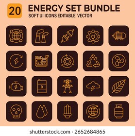 Ilustração abrangente de ícones de interface de usuário suave, mostrando a diversidade de recursos de energia e
