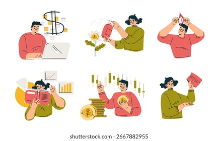 Ilustraciones integrales de diversas actividades financieras y estrategias de negocios