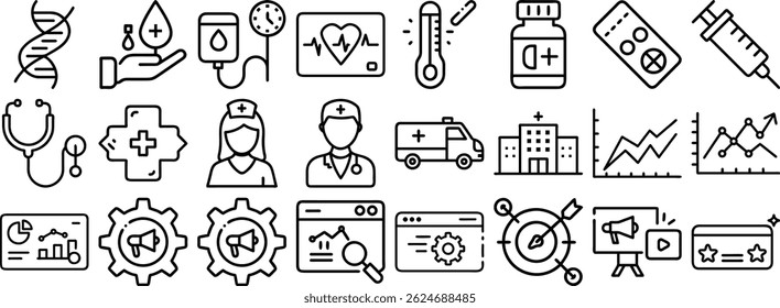 A comprehensive illustrative vector set icon of medical healthcare and business related icons in modern black outline