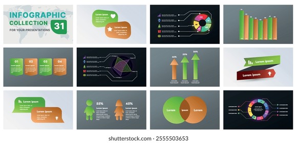 A comprehensive infographic set with modern design elements, including charts, flowcharts, and icons. Perfect for business presentations, marketing strategies, and project planning.