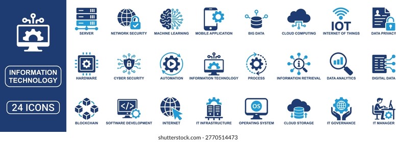 Comprehensive information technology solid icon set designed for modern digital and IT infrastructure concepts. Includes icons for cloud computing, big data, data analytics, network security, internet, software development, IT management, automation, and cybersecurity. Clean and scalable vector icons ideal for apps, websites, dashboards, and tech solutions.