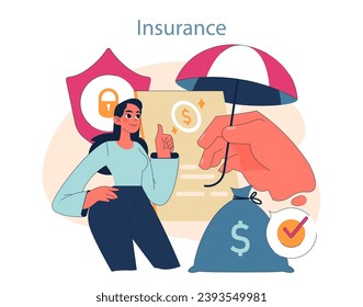 Comprehensive Insurance Concept. Confident woman acknowledging protection benefits with thumbs-up. Umbrella shields monetary assets. Security, coverage and assurance emphasized.