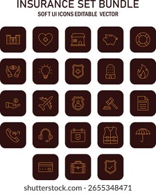 Comprehensive insurance icons bundle showcasing various protection facets with detailed vector illustrations and soft