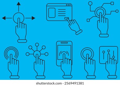 Comprehensive Interactive Hand Gesture Vector Icons Set for Touchscreen UI UX Design, Mobile App Interfaces, Digital Interaction, and Modern Technology Concepts