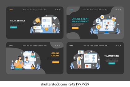 Comprehensive Internet Services night or dark mode web or landing page set. Email, event planning, forums, and telemedicine illustrated. Connectivity for modern life. Flat vector illustration.