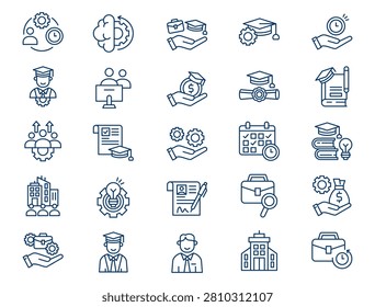 A comprehensive internship outline collection is displayed on a clean white background. The collection features twenty-five distinct elements with consistent dark blue lines and no color fills. Concept of modern university graduate development programs, corporate human resources recruitment training, and student professional career development