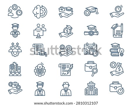 A comprehensive internship outline collection is displayed on a clean white background. The collection features twenty-five distinct elements with consistent dark blue lines and no color fills. Concept of modern university graduate development programs, corporate human resources recruitment training, and student professional career development