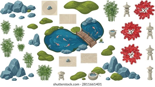 A comprehensive isometric vector collection of traditional Japanese garden features, including a koi pond, bamboo, and zen sand. Perfect for landscape planning, game environment assets, and architectural site plan visualization.
