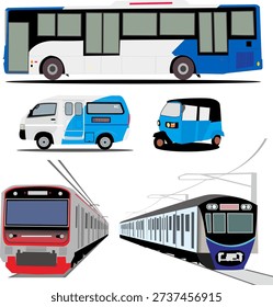 Comprehensive Jakarta public transport vector set. Modern flat design featuring city bus, Mikrotrans van, iconic blue bajaj, MRT, and Commuter Line trains.