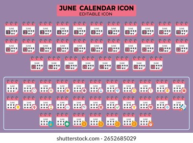 Comprehensive june month calendar icon set with diverse event scheduling symbols editable  for