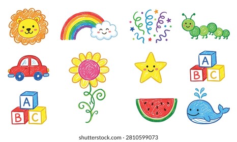 Comprehensive kids illustration bundle showcasing animals like blue whale and green caterpillar alongside red car and abc blocks. Sunflowers and rainbows add natural beauty while party streamers provide festive vibe. Textured drawing style resembles authentic children crayon art.