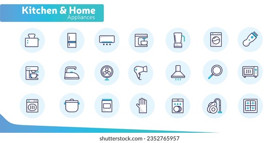 Conjunto de iconos de la cocina y del equipo doméstico para hogares modernos. Iconos de sobresalto editables.