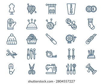 A comprehensive knitting sewing outline collection is displayed on a clean white background. The collection features twenty-five distinct elements with consistent dark blue lines and no color fills. Concept of traditional needlework hobby lifestyle, creative garment tailoring fashion, and domestic textile stitching work