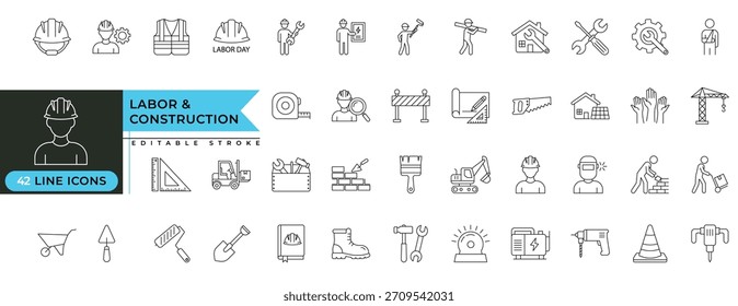Conjunto completo de iconos de línea de trabajo y construcción con herramientas, trabajadores, equipos de seguridad, maquinaria, edificios y Elementos industriales en estilo de Vector de carrera editable minimalista para diseño proj