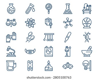 A comprehensive laboratory research outline collection is displayed on a clean white background. The collection features twenty-five distinct elements with consistent dark blue lines and no color fills. Concept of clinical medical analysis testing, university physics science study, and healthcare bioengineering development