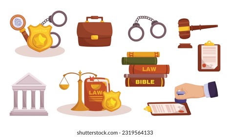 Comprehensive Law Elements Set Comprising Legal Documents, Contracts, Case Studies, Police Badge, Handcuffs, Scales, Books And Reference Materials For Legal Principles. Cartoon Vector Illustration