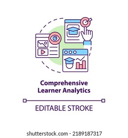 Comprehensive Learner Analytics Concept Icon. Learning Content Management System Abstract Idea Thin Line Illustration. Isolated Outline Drawing. Editable Stroke. Arial, Myriad Pro-Bold Fonts Used