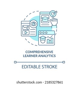 Comprehensive Learner Analytics Turquoise Concept Icon. Learning Content Management Abstract Idea Thin Line Illustration. Isolated Outline Drawing. Editable Stroke. Arial, Myriad Pro-Bold Fonts Used