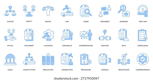 Umfassendes Legal Learning-Symbol-Set. Mit Gerechtigkeit, Gerechtigkeit, Rechte, Recht, Ethik, Rechtsstreit, Verfassung, Regulierung Symbol. Linearblau