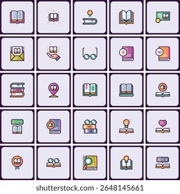 Conjunto abrangente de ícones de recursos de conhecimento e biblioteca, abrangendo aprendizagem, leitura e educação