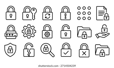 Conjunto abrangente de ícones de arte de linha para segurança, proteção de dados, privacidade e mecanismos de bloqueio digital.