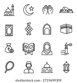 Umfassende Linien-Kunst-Ikone für islamische Religion, Anbetung, Pilgerfahrt und kulturelle Symbole.