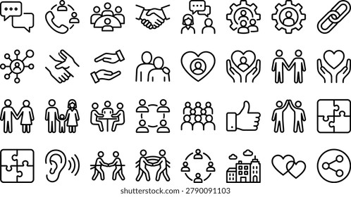 Comprehensive line art icon set depicting healthcare, social work, community, support, and partnership concepts for digital projects.