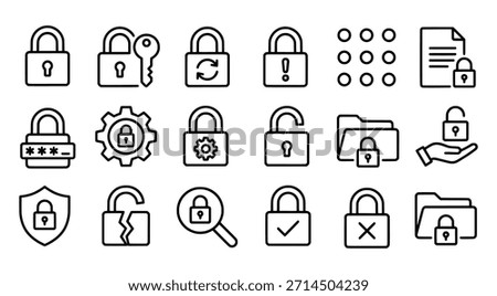 Comprehensive line art icon set for security, data protection, privacy, and digital locking mechanisms.