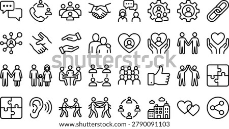 Comprehensive line art icon set depicting healthcare, social work, community, support, and partnership concepts for digital projects.