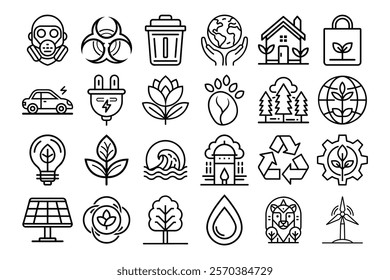 Comprehensive Line Art Icons for Environmental Awareness, Sustainability, and Green Living Projects